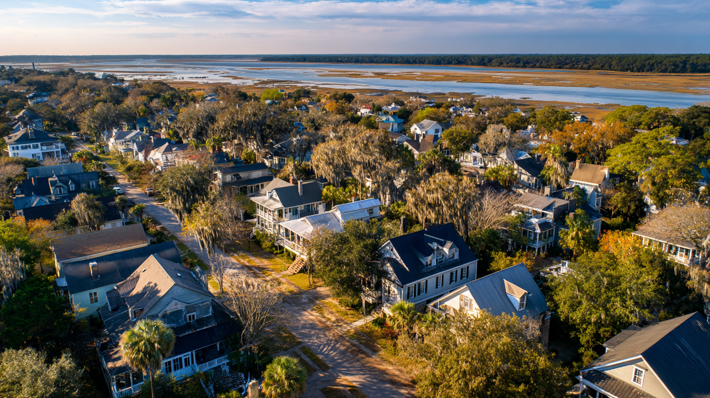 Aerial view of Lowcountry neighborhood with Spanish moss