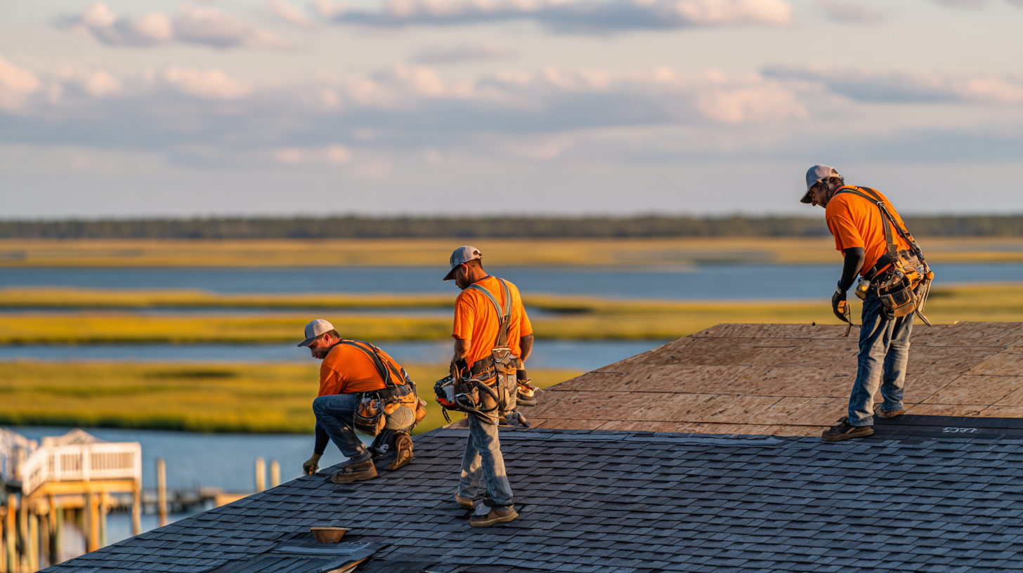 Roofing crew installing GAF shingles with marsh panorama